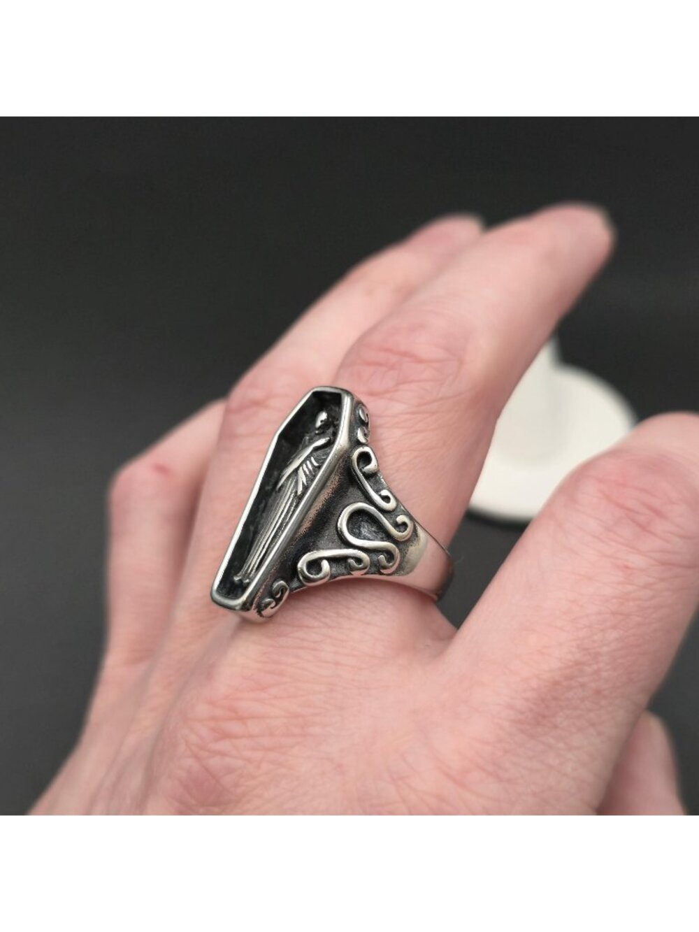 Size 10.5 Stainless Steel Gothic Coffin Dark Aesthetic Band Ring A7458 - Picture 4 of 8